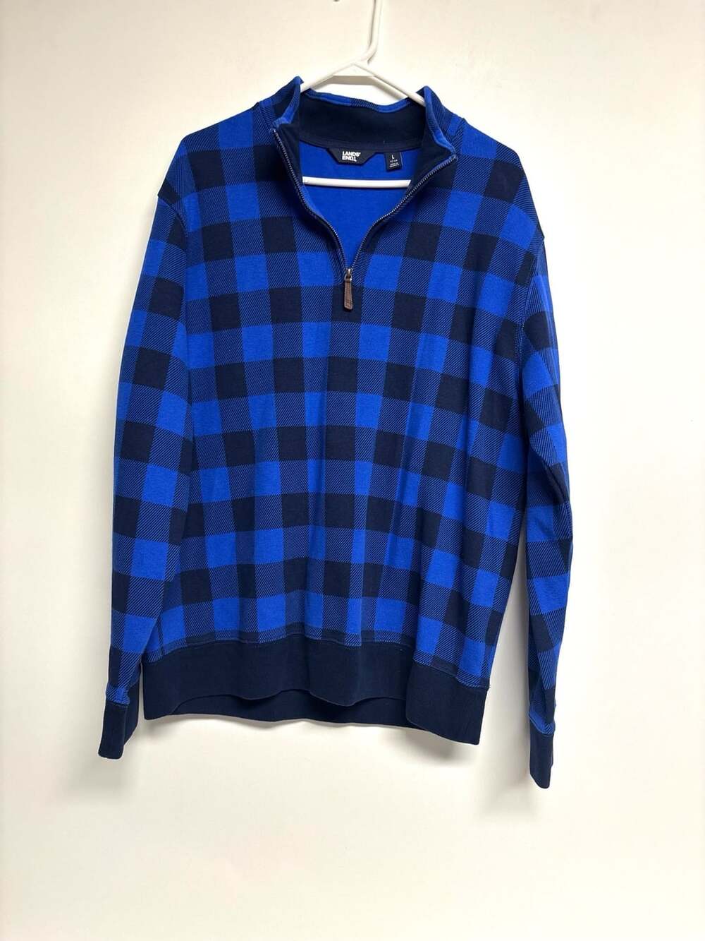 Lands' End Quarter-Zip Pullover Size L 42-44 Blue Buffalo Check Plaid